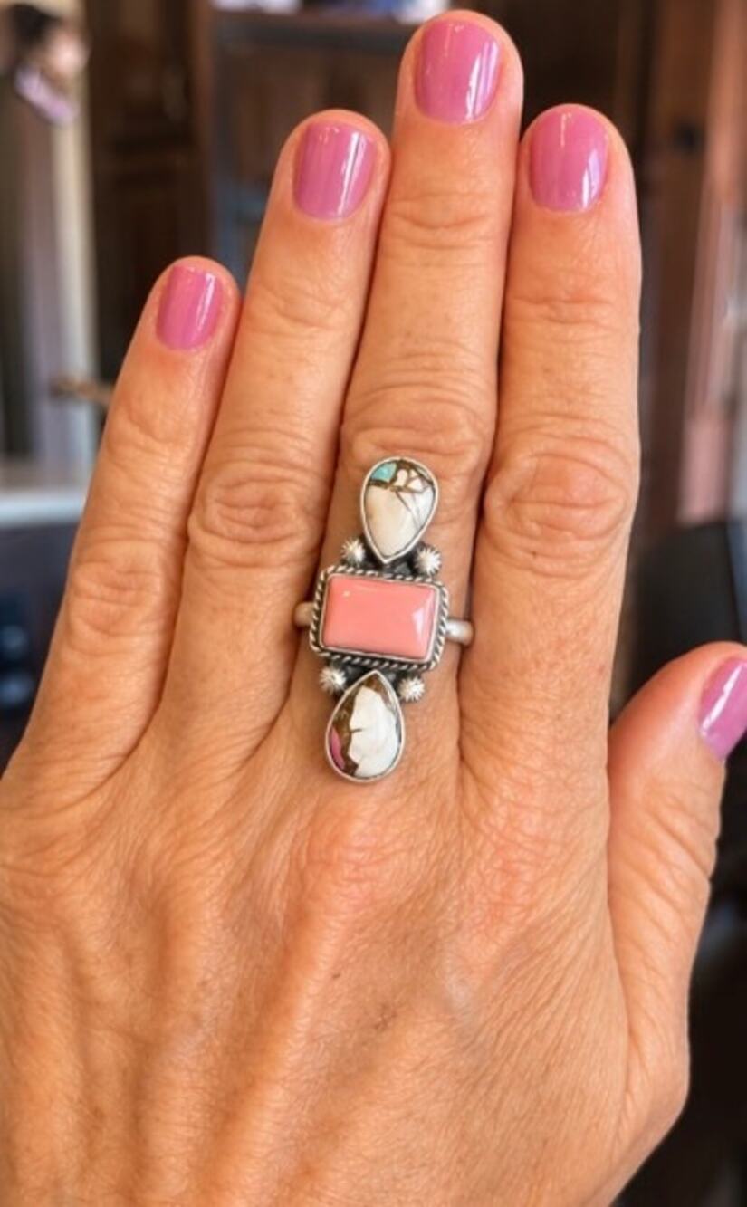 Pink Conch & Cotton Candy Turquoise 3-Stone Crawler Ring – Sterling Silver